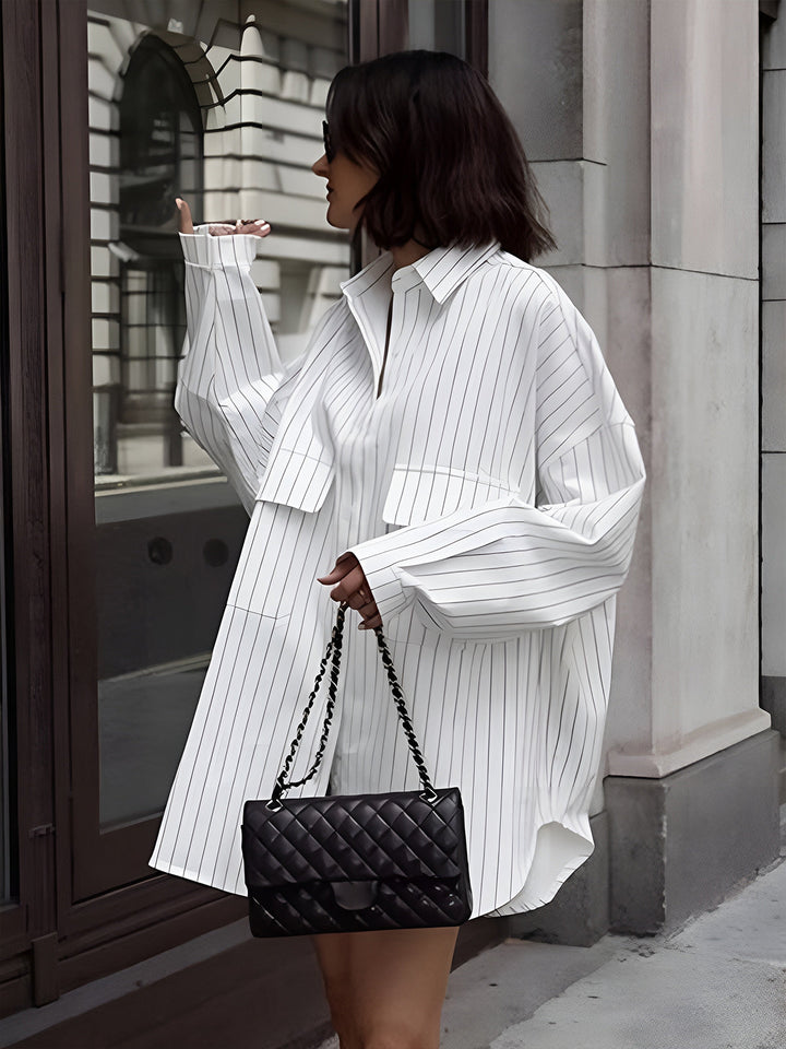 ZUZANNA | Oversize Koszula w Paski z Kieszeniami