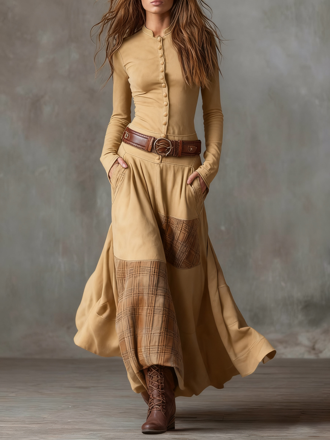 HELENA | Granatowa zamszowa sukienka maxi z nutą vintage